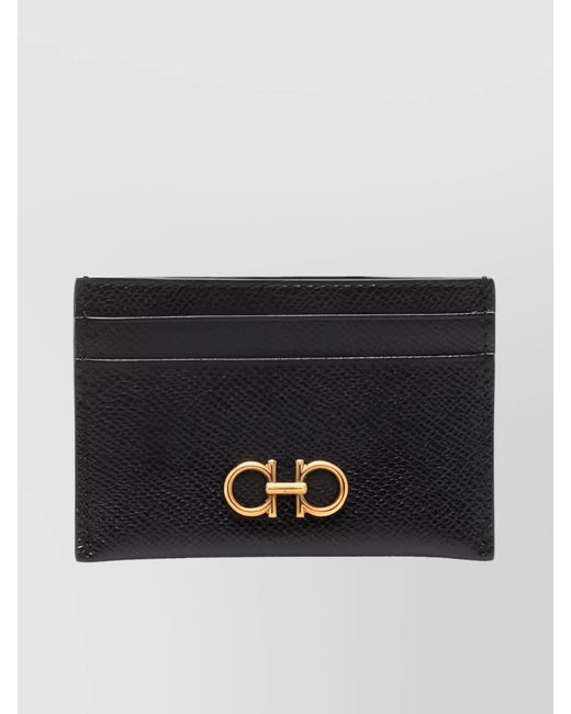 Ferragamo Black Hammered Leather Card Holder With Textured Finish