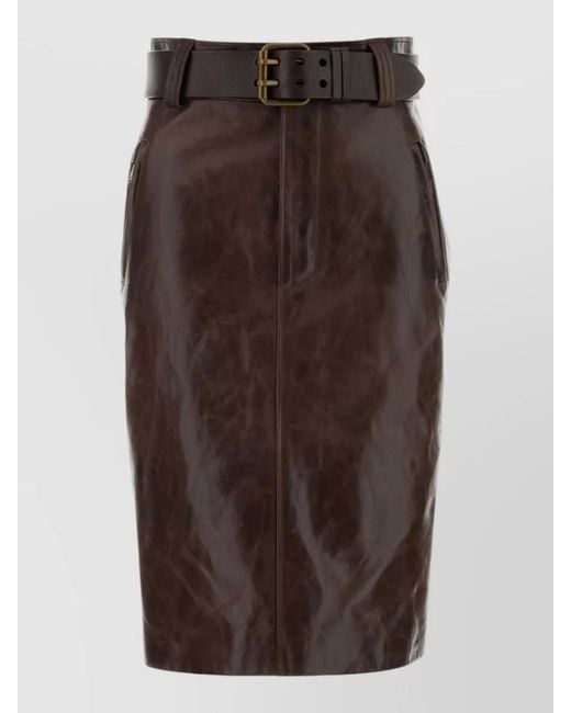 Saint Laurent Brown High Waist Knee Length Leather Skirt Belt