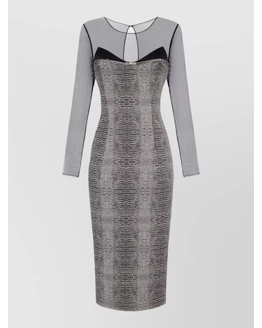 Elisabetta Franchi Gray Mesh Sleeve Midi Dress Textured Sheer Neckline