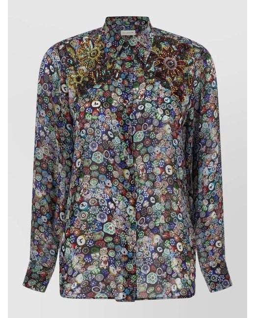 Dries Van Noten Gray Glass Kaleidoscope Shirt Beaded Floral Pattern