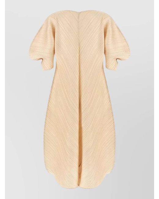Pleats Please Issey Miyake Natural Midi Dress Puff Sleeves Textured Design