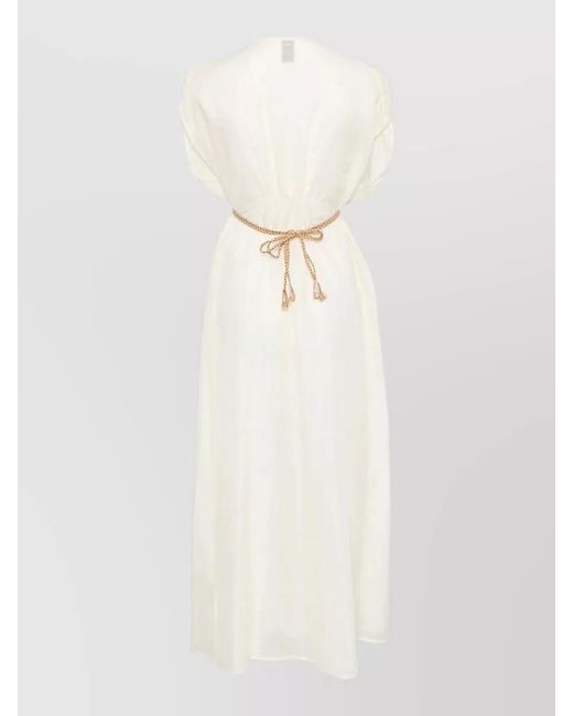 120% Lino White Linen Maxi Dress Elastic Waist V Neckline