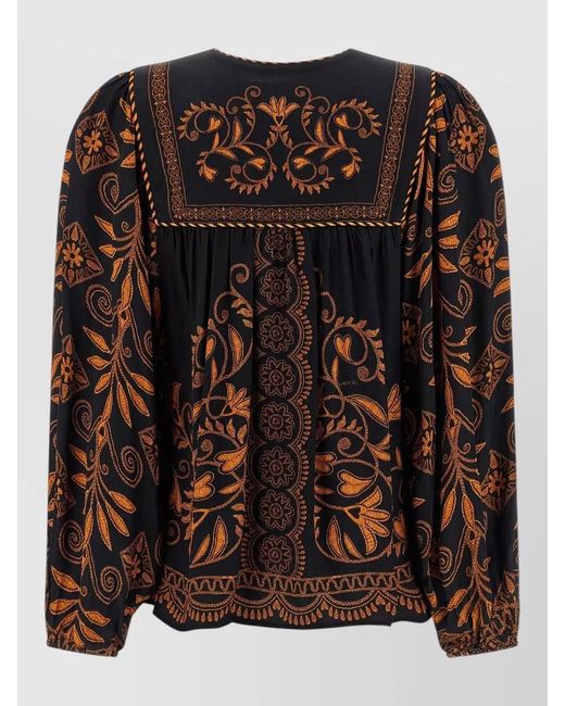 Farm Rio Black Cornely Ainika Blouse Floral Embroidery Sleeves