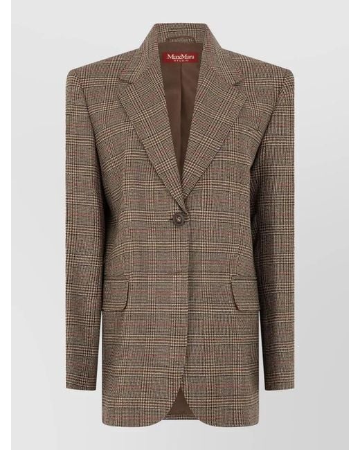 Max Mara Brown Check Pattern Jacket Long Sleeves Lapels