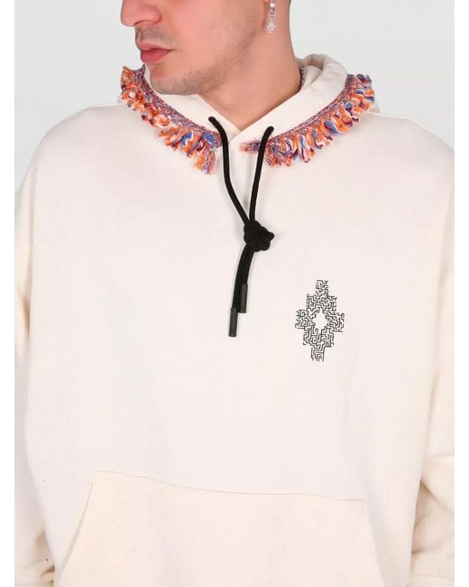 Marcelo Burlon Natural Hooded Sweatshirt Fringe Embroidery Front Pocket for men