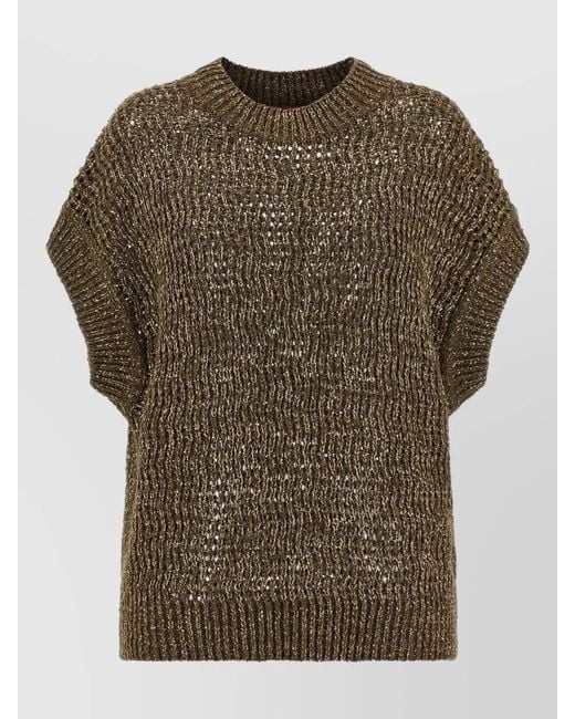 Max Mara Green Armonia Metallic Knit Short Sleeve Sweater