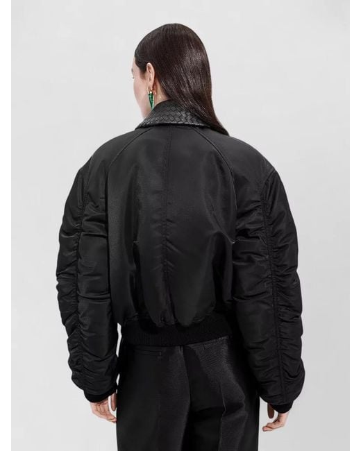 Bottega Veneta Black Nylon Bomber Jacket Leather Collar Detailing