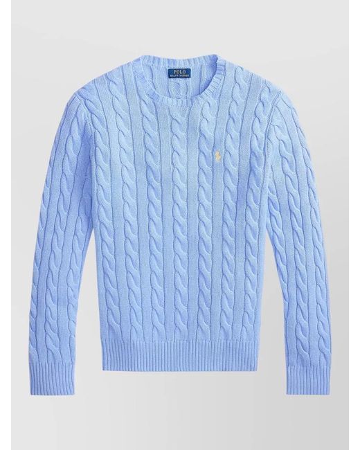 Ralph Lauren Blue Cable Knit Cotton Crewneck Sweater Long Sleeves for men