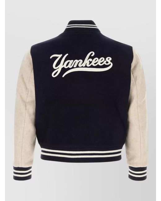Sporty & Rich Blue Wool Blend Bomber Jacket Contrast Sleeves for men