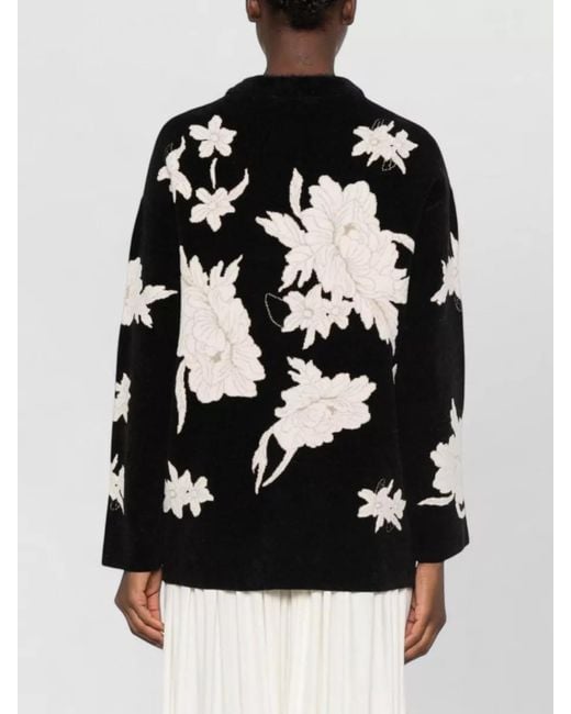 Forte_forte Black Floral-Embroidered Brushed V-Neck Cardigan