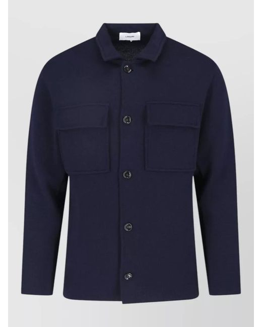 Lardini Blue Collared Jacket Long Sleeves Textured Fabric Pockets for men