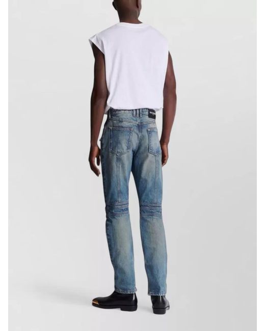 Balmain Blue Straight Denim Jeans Belt Loops Ribbed Knees for men
