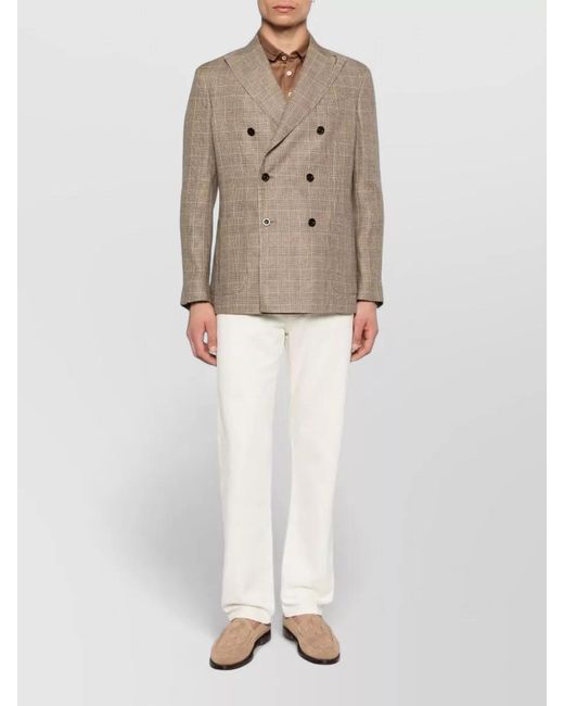Boglioli Natural Linen Double Breasted Checked Peak Lapel Jacket for men