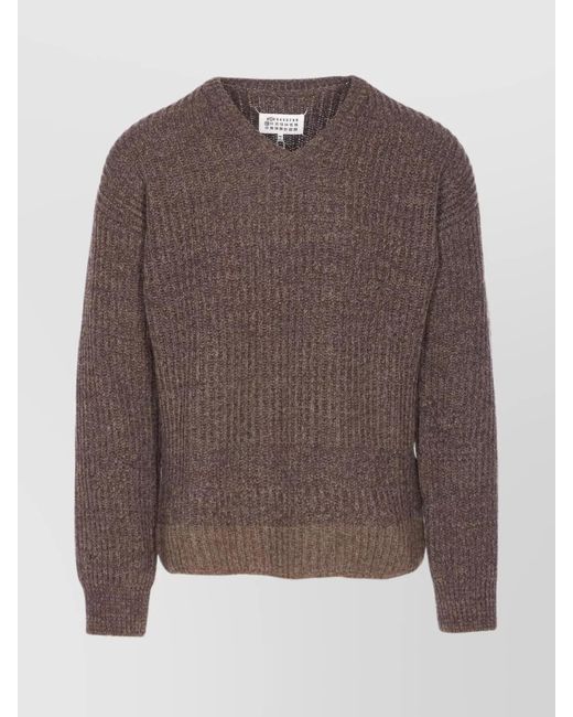 Maison Margiela Men's Brown Knit V-Neck Sweater Long Sleeves