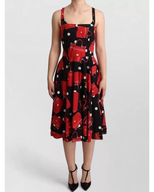 Dolce & Gabbana Red Silk Printed Sleeveless Square-Neck Midi Dress