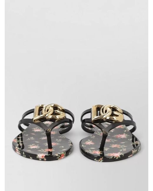 Dolce & Gabbana Gray Sandals Open Toe Flat Sole Floral Straps