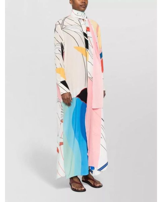 F.R.S For Restless Sleepers White Silk Dress Abstract Print High Neckline Scarf