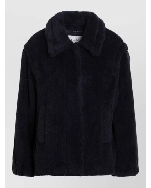Max Mara Black Collared Jacket Faux Fur Texture Pockets