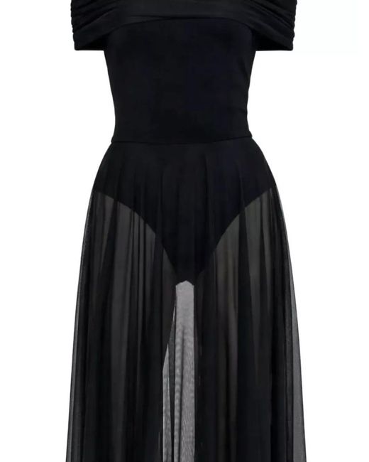 Norma Kamali Black Off Shoulder Floor Length Dress Sheer Overlay