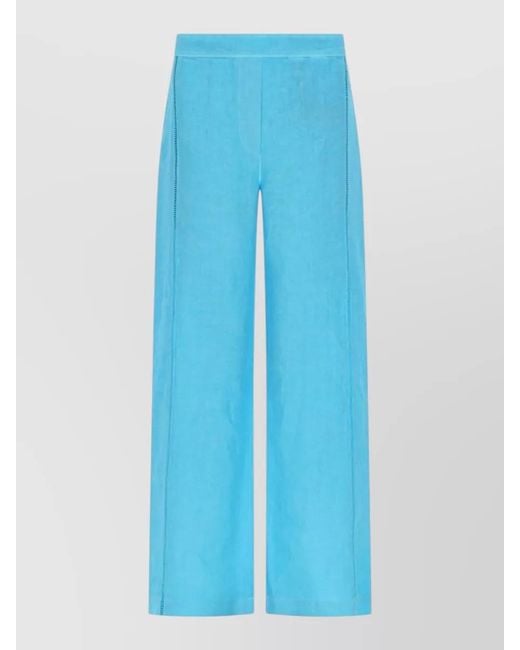120% Lino Blue Linen Pants Wide Leg Seam Detailing