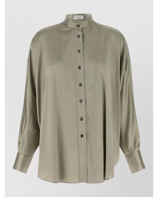Brunello Cucinelli Green Silk Korean Collar Shirt