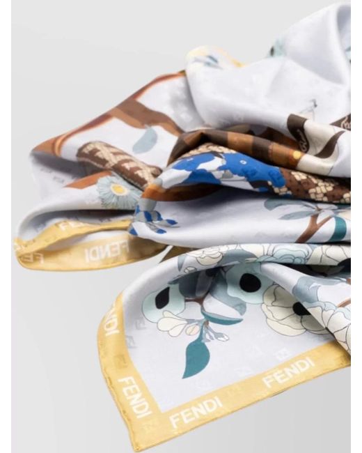 Fendi Blue Floral-Print Logo-Print Silk Foulard