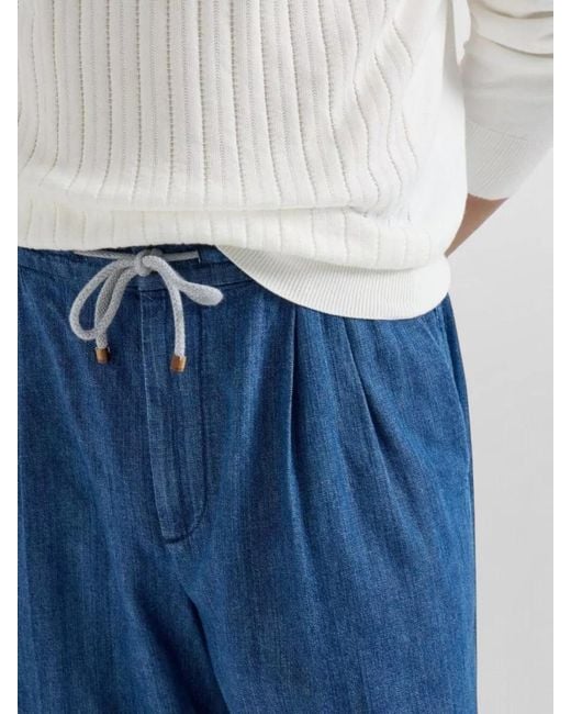 Brunello Cucinelli Blue Cotton Tapered Trousers for men