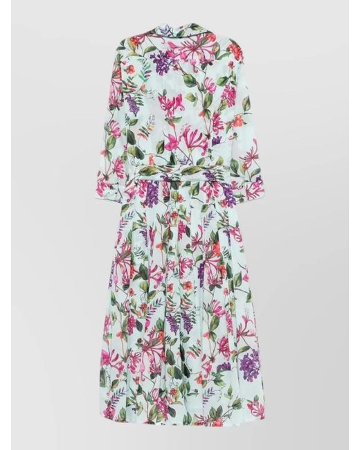 Samantha Sung White Floral-Print Pleated Cotton Midi Dress