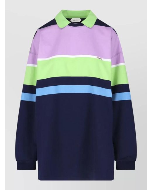 Versace Blue Block Design Polo Top Ribbed Cuffs