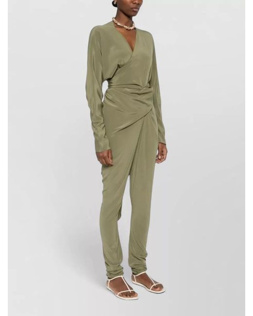 Cortana Green Silk Wrap Jumpsuit Long Sleeves Tie Waist