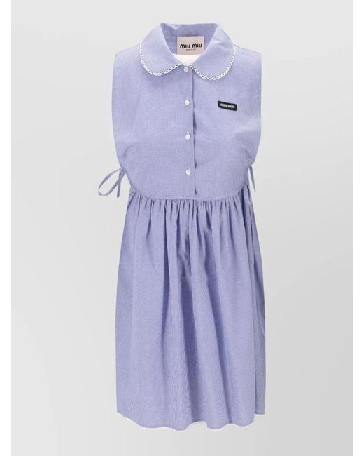 Miu Miu Purple Vichy Dress Sleeveless Gathered Waist Bow Collar
