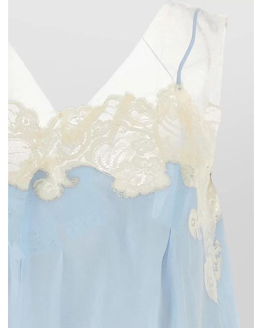 Maison Margiela Blue Sleeveless V Neck Sheer Dress Lace Trim