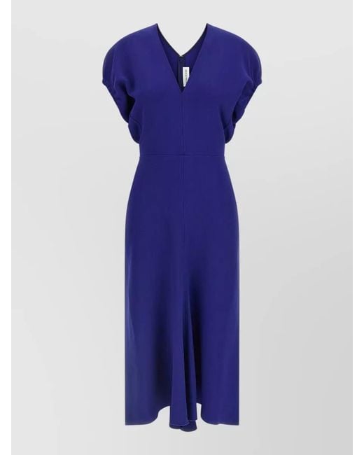 Victoria Beckham Blue Edith Midi Dress Puff Sleeves V Neckline