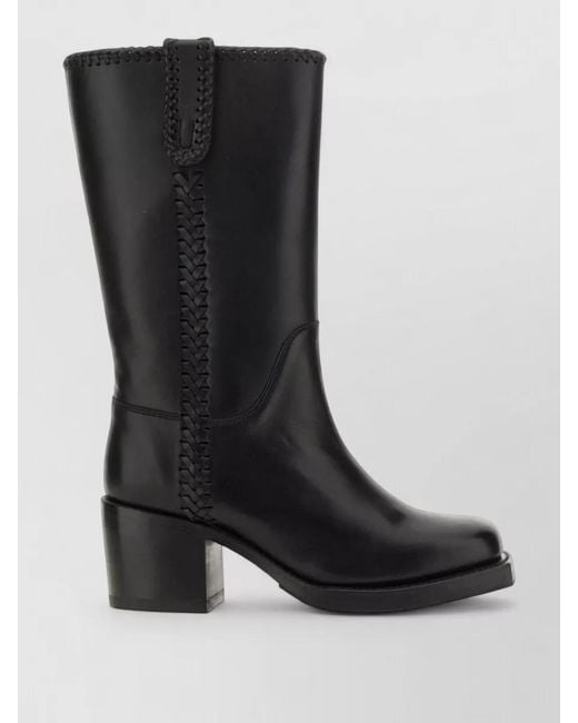 Hereu Black Aumandra Mid Calf Boots Block Heel Braided