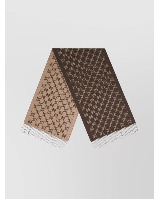 Gucci Brown Cashmere Fringed Logo-Pattern Scarf