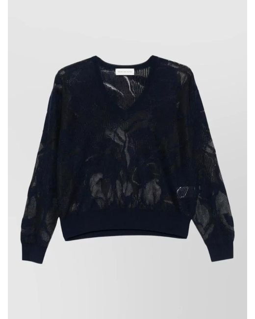Dries Van Noten Blue Lace Cotton V Neck Knit Top