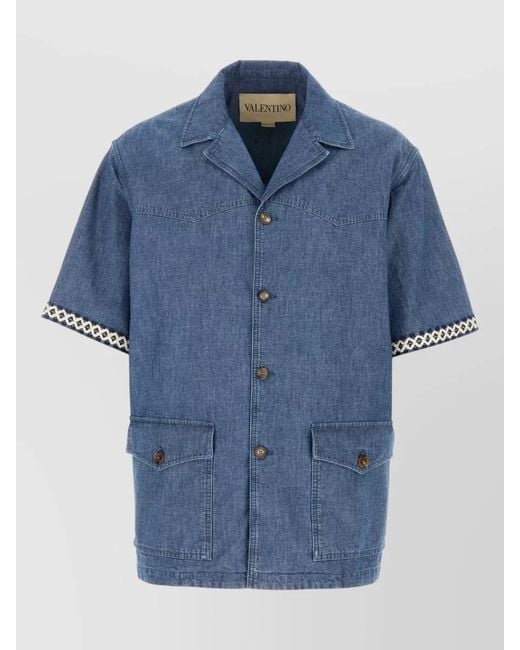 Valentino Garavani Blue Denim Shirt Short Sleeves Patch Pockets Embroidery for men