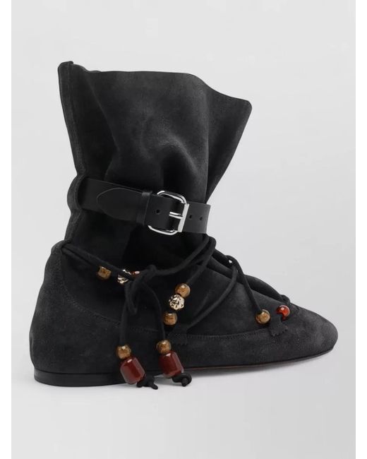 Isabel Marant Black Ankle Boots Suede Upper Drawstring Pearls