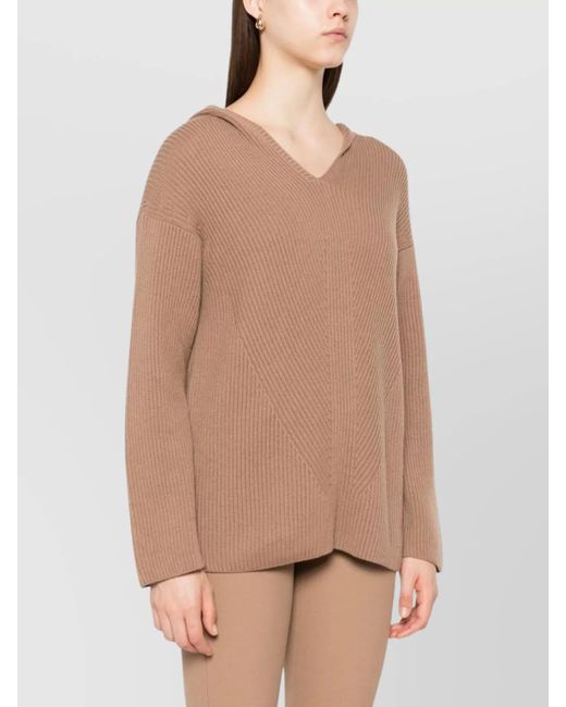 Max Mara Natural Ribbed Wool V-Neck Long-Sleeve Knitted Top