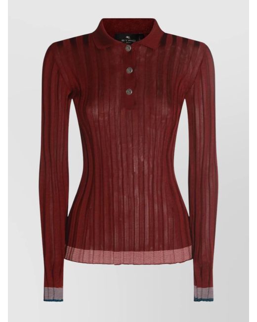 Etro Long Sleeve Polo With Collared Neck And Ribbed Texture