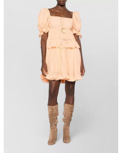 Chloé Natural Silk Tiered Square Neck Short Puff Sleeve Mini Dress