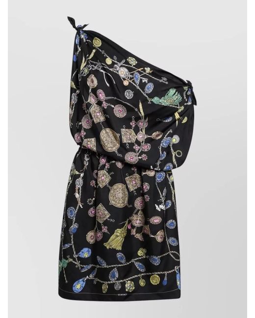 Versace Black One Shoulder Draped Printed Knee Length Dress