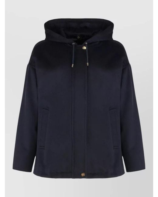 Max Mara Blue Wool Hooded Coat Relaxed Fit