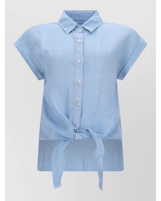 120% Lino Blue Collared Shirt Short Sleeves Tie Front