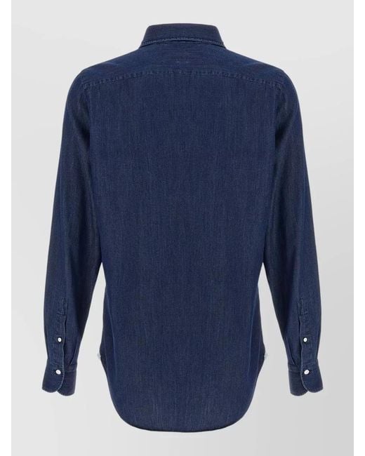 Finamore 1925 Blue Napoli Shirt Long Sleeves Curved Hem for men