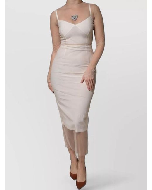 Dolce & Gabbana Natural Sheer Tulle Bustier Bodycon Midi Dress