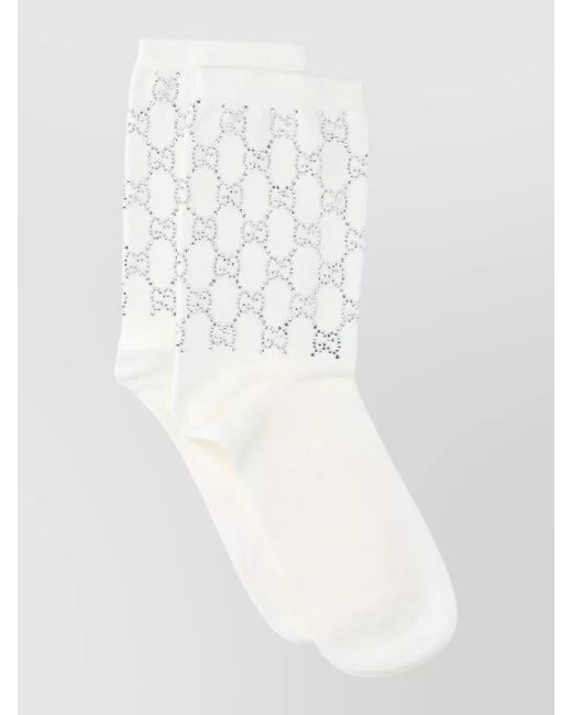 Gucci White Mid Calf Hosiery Rhinestone Embellishments Elasticated Cuffs