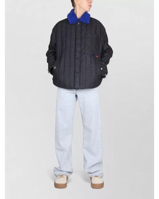 Sunnei Blue Jacket Faux Fur Collar Quilted Pockets