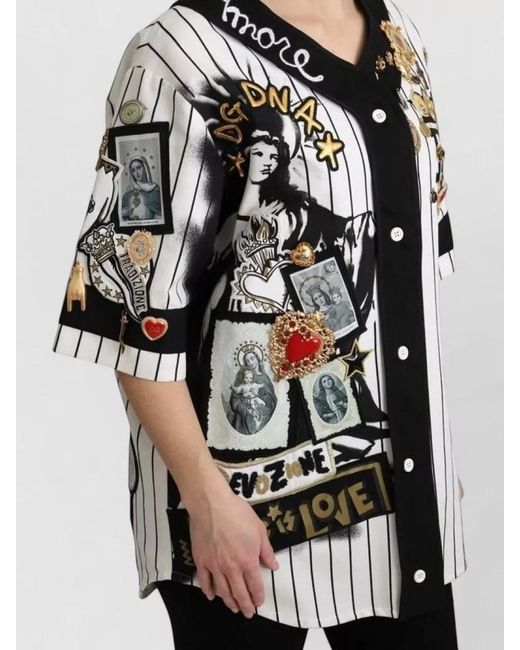 Dolce & Gabbana Black Striped V Neck Baseball Jacket Religious Charms