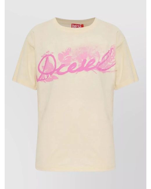 DIESEL Pink Logo Print Floral Print Cotton T-Shirt